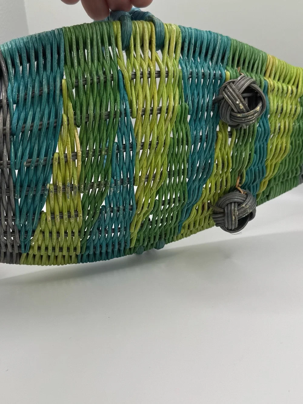 Vintage Wicker Fish Basket Shaped Fruit Bowl Colorful Hand Woven Boho Handle 70s
